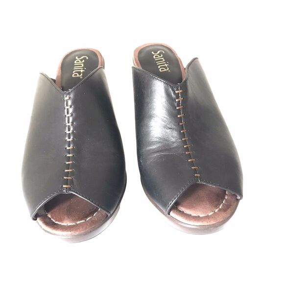 Sanita Women's Bliss Baja Slide Pump Black Leather Peep Toe Sandals US 6  EU 37 - Picture 2 of 7